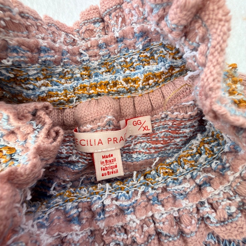 Anthropologie Cecilia Prado Pink Striped Metallic Knit Puff Sleeve Sweater XL - Picture 6 of 9
